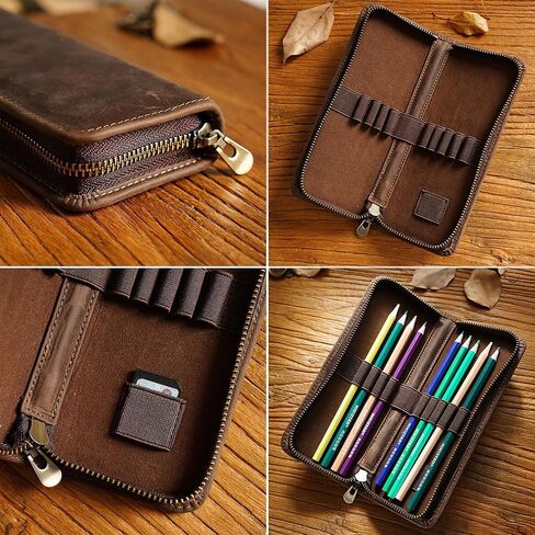 Leather Pencil Case Organizer, 10 Wooden Pencils Portable Pen Case Storage for Drawing Pencils and Markers (black) in Saudi Arabia
