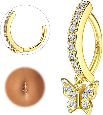 FIASASO 14K Gold Filled Belly Button Ring Hypoallergenic Surgical Stainless Steel Clicker Belly Rings Hoop CZ Butterfly Heart Teardrop Flower Reverse Belly Button Rings Belly Piercings Jewelry for Women 14G Navel Ring in Kuwait