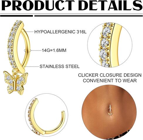 FIASASO 14K Gold Filled Belly Button Ring Hypoallergenic Surgical Stainless Steel Clicker Belly Rings Hoop CZ Butterfly Heart Teardrop Flower Reverse Belly Button Rings Belly Piercings Jewelry for Women 14G Navel Ring in Kuwait