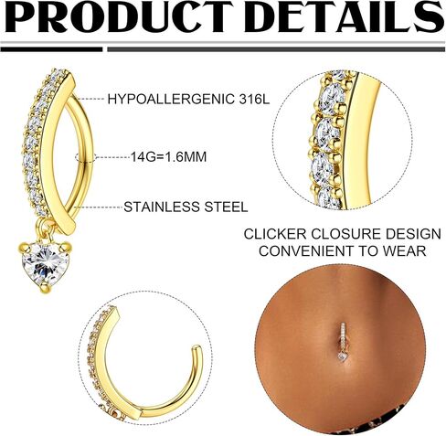 FIASASO 14K Gold Filled Belly Button Ring Hypoallergenic Surgical Stainless Steel Clicker Belly Rings Hoop CZ Butterfly Heart Teardrop Flower Reverse Belly Button Rings Belly Piercings Jewelry for Women 14G Navel Ring in Kuwait