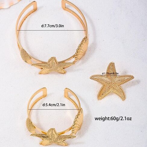 Gold Starfish Shell Ring Bracelet Cuff Arm Cuff 14K Gold Plated Adjustable Starfish Shell Ring Bracelet Cuff Arm Cuff Set Summer Surf Ocean Starfish Jewelry for Women in Saudi Arabia