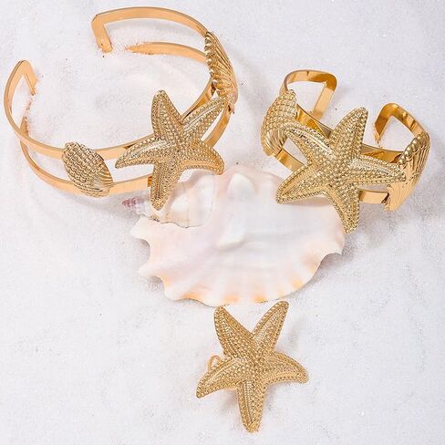 Gold Starfish Shell Ring Bracelet Cuff Arm Cuff 14K Gold Plated Adjustable Starfish Shell Ring Bracelet Cuff Arm Cuff Set Summer Surf Ocean Starfish Jewelry for Women in Saudi Arabia