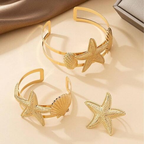 Gold Starfish Shell Ring Bracelet Cuff Arm Cuff 14K Gold Plated Adjustable Starfish Shell Ring Bracelet Cuff Arm Cuff Set Summer Surf Ocean Starfish Jewelry for Women in Saudi Arabia