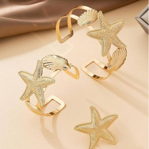 Gold Starfish Shell Ring Bracelet Cuff Arm Cuff 14K Gold Plated Adjustable Starfish Shell Ring Bracelet Cuff Arm Cuff Set Summer Surf Ocean Starfish Jewelry for Women in Saudi Arabia
