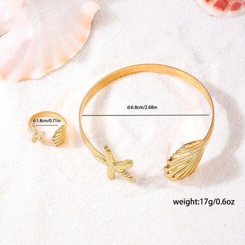 Gold Starfish Shell Ring Bracelet Cuff Arm Cuff 14K Gold Plated Adjustable Starfish Shell Ring Bracelet Cuff Arm Cuff Set Summer Surf Ocean Starfish Jewelry for Women in Saudi Arabia