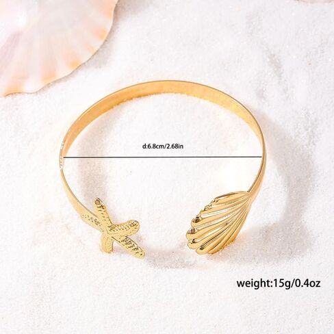 Gold Starfish Shell Ring Bracelet Cuff Arm Cuff 14K Gold Plated Adjustable Starfish Shell Ring Bracelet Cuff Arm Cuff Set Summer Surf Ocean Starfish Jewelry for Women in Saudi Arabia