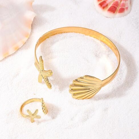 Gold Starfish Shell Ring Bracelet Cuff Arm Cuff 14K Gold Plated Adjustable Starfish Shell Ring Bracelet Cuff Arm Cuff Set Summer Surf Ocean Starfish Jewelry for Women in Saudi Arabia