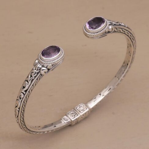 NOVICA Artisan Handmade Amethyst Cuff Bracelet Modern Balinese 925 Silver Sterling Purple Indonesia Birthstone [5.5 in L (end to End) x 0.4 in W] ' Magical Attraction' in Saudi Arabia