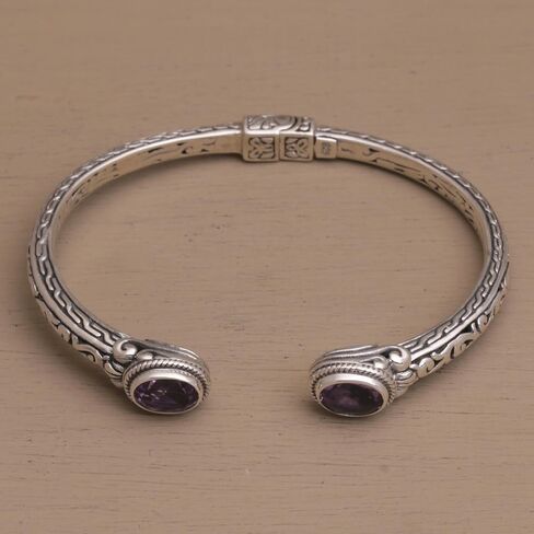 NOVICA Artisan Handmade Amethyst Cuff Bracelet Modern Balinese 925 Silver Sterling Purple Indonesia Birthstone [5.5 in L (end to End) x 0.4 in W] ' Magical Attraction' in Saudi Arabia