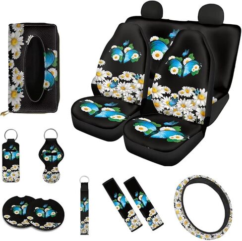 13 Pack Sunflower Butterfly Print Car Accessories Set, Car Seat Covers Full Set Steering Wheel Cover Wristlet Lanyard Keychain Car Holders for Car SUV Interior Decor in Saudi Arabia