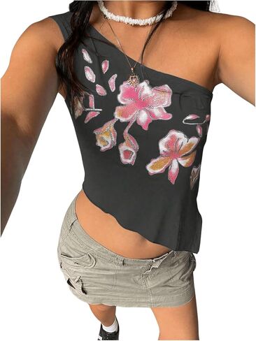 Floerns Women's Sleeveless One Shoulder Floral Print Asymmetrical Hem Tank Top in Saudi Arabia