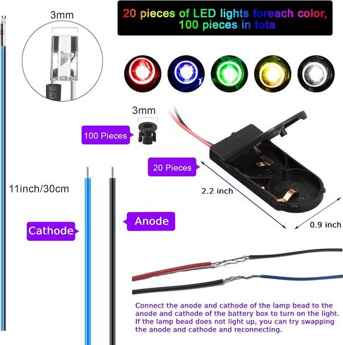 Riakrum 220 Pcs 12V LED Lights Kit, 100 Pcs Emitting Diodes Pre Wired LED Lights Diodes Individual LED Lights with 100 Pcs Plastic LED Holders 20 Pcs Battery Holders (Blue,3 mm) in Kuwait