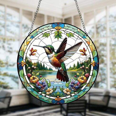 Generic 11.8 Inches Hummingbird Acrylic Window Hanging Decor Stained Glass Panels Natural Scenery Wall Art Mural for Bedroom Garden Wall Decoration Suncatcher Gift for Mom Grandma Teacher in Kuwait