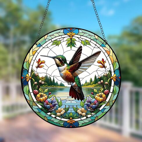 Generic 11.8 Inches Hummingbird Acrylic Window Hanging Decor Stained Glass Panels Natural Scenery Wall Art Mural for Bedroom Garden Wall Decoration Suncatcher Gift for Mom Grandma Teacher in Kuwait