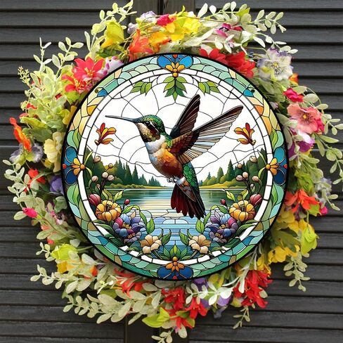 Generic 11.8 Inches Hummingbird Acrylic Window Hanging Decor Stained Glass Panels Natural Scenery Wall Art Mural for Bedroom Garden Wall Decoration Suncatcher Gift for Mom Grandma Teacher in Kuwait