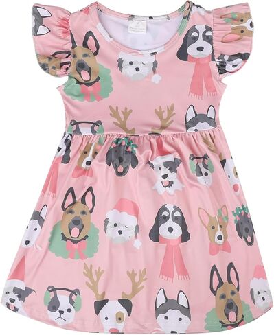 Toddler Girls Dress Cute Animal Print Dresses Ruffle Bottom Flutter Sleeve Apparel 2-8Y in Kuwait