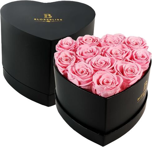 BLOSSBLISS 12-Piece Preserved Flower Pink Rose in a Heart Shape Box, Forever Love Rose for Wife, Eternal Rose Gifts for Her, Valentine's Day, Mother's Day, BBOX-12-PINK in Saudi Arabia