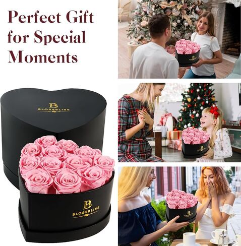 BLOSSBLISS 12-Piece Preserved Flower Pink Rose in a Heart Shape Box, Forever Love Rose for Wife, Eternal Rose Gifts for Her, Valentine's Day, Mother's Day, BBOX-12-PINK in Saudi Arabia