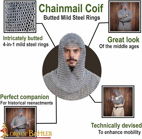 Medieval Chainmail Coif (9-10mm) | Renaissance Knight Chain Mail Hood Armor (16-17 gauge) for Historical Reenactments (Mild Steel, Butted Round Rings, Zinc Polished) in Kuwait