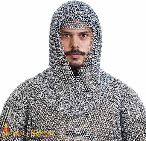 Medieval Chainmail Coif (9-10mm) | Renaissance Knight Chain Mail Hood Armor (16-17 gauge) for Historical Reenactments (Mild Steel, Butted Round Rings, Zinc Polished) in Kuwait