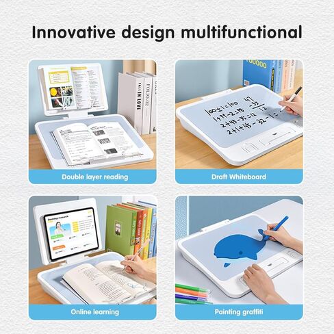 Kids Book Stand for Reading, Used for Student Learning Painting, Writing, Universal for Laptops and IPads, Portable Storage Angle Adjustable Bracket, with Writing Whiteboard (White) in Kuwait
