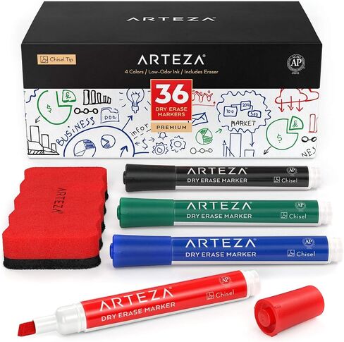 Arteza Black Dry Erase Markers, Bulk Pack of 52 Whiteboard Markers, Chisel Tip, Low-Odor Ink, Long-Lasting & Easy-to-Erase, Ideal for School, Office, Homeschooling and Teachers in Saudi Arabia