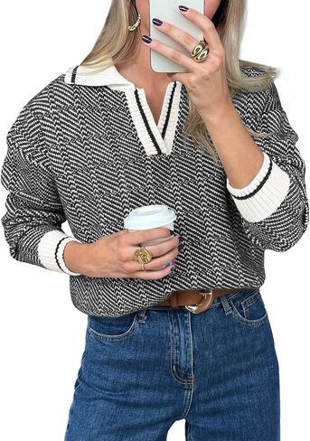 Saodimallsu Womens Fall Sweaters Tops Lapel V Neck Knit Sweater Color Block Long Sleeve Casual Soft Pullover Shirt in Kuwait