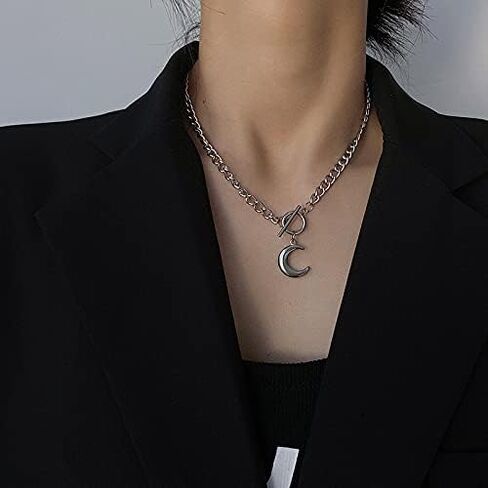 Chain Necklace for Women 18K White Gold Plated Chunky Cuban Chain Link Necklace with Heart Moon Hypoallergenic Jewelry for Women in Saudi Arabia