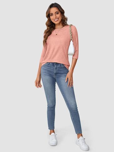 ATHMILE Women's Casual 3/4 Sleeve T-Shirts Round Neck Cute Tunic Summer Tops Basic Tees Fall Blouses Loose Fit Pullover in Kuwait