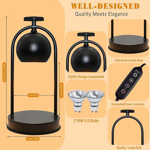 مصباح تدفئة الشموع مع لمبتين، سخان شموع كهربائي مع مؤقت، لمحبي الشموع، مصباح شمعة خافت للضوء، متوافق مع الشموع المختلفة، حاملات شموع لديكور المنزل، أسود in Kuwait
