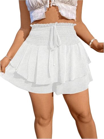 OYOANGLE Women's Plus Size Smocked Tiered Ruffle Flowy Shorts Drawstring Elastic Waist Wide Leg Shorts in Saudi Arabia