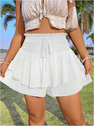 OYOANGLE Women's Plus Size Smocked Tiered Ruffle Flowy Shorts Drawstring Elastic Waist Wide Leg Shorts in Saudi Arabia