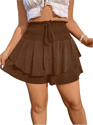 OYOANGLE Women's Plus Size Smocked Tiered Ruffle Flowy Shorts Drawstring Elastic Waist Wide Leg Shorts in Saudi Arabia