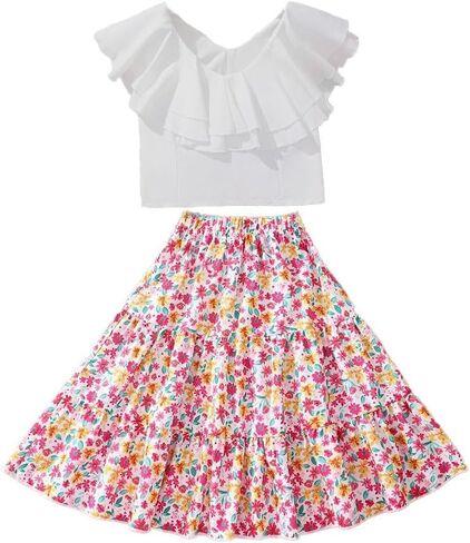 Girls' 2 piece outfit, summer dress, Suit Ruffle White Sleeveless Top Digital Print Floral Long Skirt Set 8-12 years in Saudi Arabia