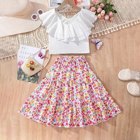 Girls' 2 piece outfit, summer dress, Suit Ruffle White Sleeveless Top Digital Print Floral Long Skirt Set 8-12 years in Saudi Arabia