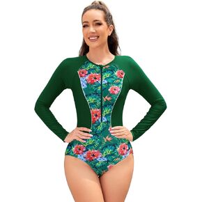 ملابس سباحة SHEKINI Rash Guard للنساء للحماية من أشعة الشمس فوق البنفسجية بعامل حماية من الأشعة فوق البنفسجية 50+ قطعة واحدة بسحّاب وأكمام طويلة بدلة ركوب الأمواج in Saudi Arabia