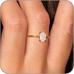 Gold Birthstone Rings for Women Non Tarnish Dainty Gold Stacking Rings Adjustable 14K Gold Plated Baguette CZ Emerald Green Gemstone Ring Jewelry Gift