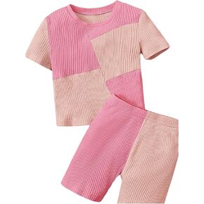 OYOANGLE Girl's 2 Piece Outfits Rib Knit Colorblock Short Sleeve Round Neck Tee Top and Shorts Set
