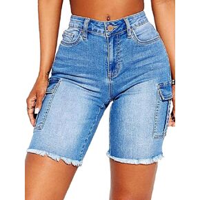 Flamingals Denim Cargo Shorts for Women Bermuda Shorts Mid Waist Raw Hem Jean Shorts with Flat Pocket in Saudi Arabia
