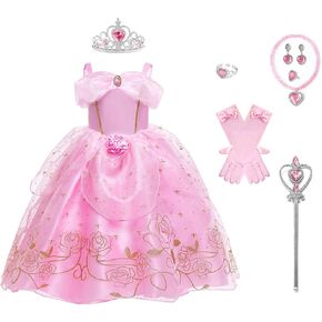 Princess Aurora Costume for Girls Birthday Party Outfit Halloween Cosplay Dress up with Accessories for 4-5T