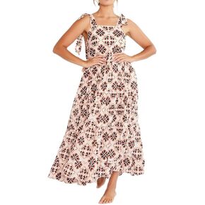 Women Summer Dresses Flowy Smocked Maxi Dress Sleeveless Tie Shoulder Boho Dresses Y2K Floral Beach Sundresses
