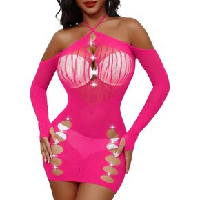 Lingerie for Women Fishnet Dress Mesh Badydoll Long Sleeve Hollow Out Beach Cover Up Sexy Clubwear