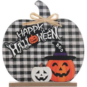 Halloween Pumpkin Decorations, 11"/28CM Wooden Buffalo Plaid Tabletop Decorations, for Home Farmhouse Living Room Indoor Party Decor.