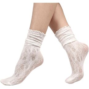 SHENHE Women's 2 Pairs Lace Ruffle Socks Cute Crew Socks Frilly Slouch Dress Socks Mid Calf Socks