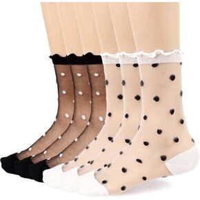 Women's Sheer Socks Ruffle Frilly Nylon Polka Dots Stockings Summer Ultra Thin Cool See Through Cute Calf Novelty Socks for Girls 6 Pack