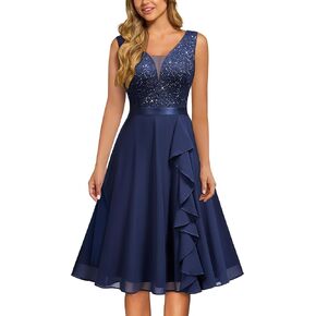 MISSMAY Women's Vintage V-Neck Sequin Formal Party A-Line Dress