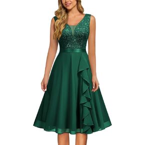 MISSMAY Women's Vintage V-Neck Sequin Formal Party A-Line Dress