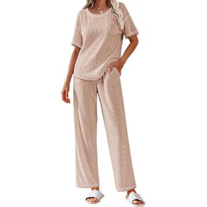 Ekouaer Waffle Knit Pajama Sets Shorts Sleeve Top and Long Pant Lounge Set Soft Loungewear Pjs Set with Pockets