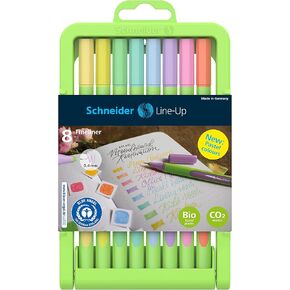 Schneider Line-Up Pastel Fineliner, 0.4 mm Fiber Tip, Light Green Barrel, Assorted Pastel Ink Colors, Adjustable Case Stand of 8 Pens (191088)