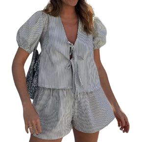 Yuemengxuan Women Striped Casual Lounge Set 2 Piece Pajamas Set Short Puff Sleeve Tie front Shirt Baggy Shorts Vacation Set